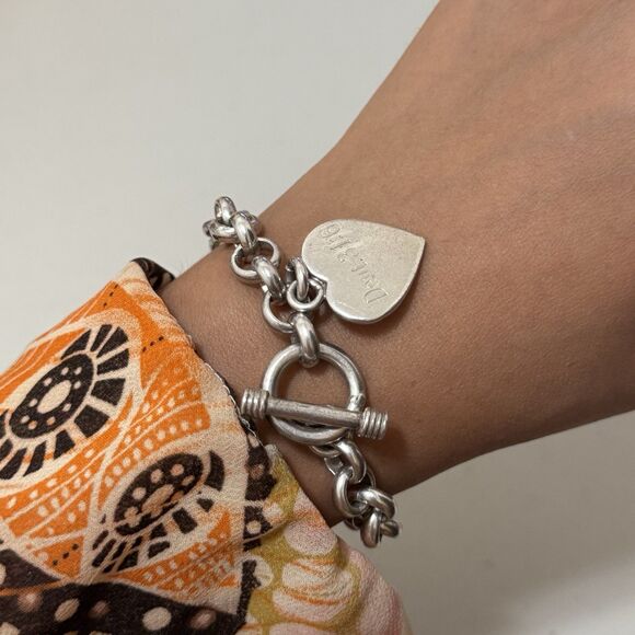 Vintage Sterling Heavy Rolo Bracelet With Heart Engraved Charm - Picture 2 of 7